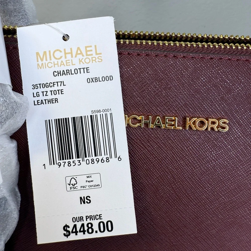 Michael Kors Large Charlotte Tote Bag Luggage Leather Oxblood (NWT) - Picture 10 of 10